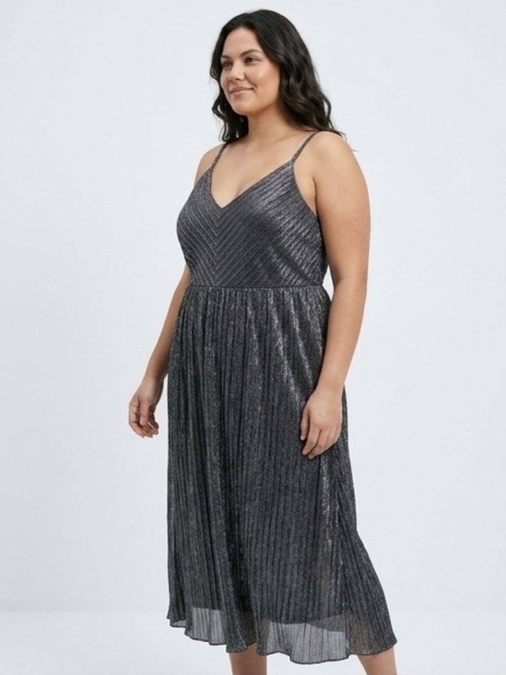 torrid Metallic Pleated V‑Neck Midi Dress - Black Silver